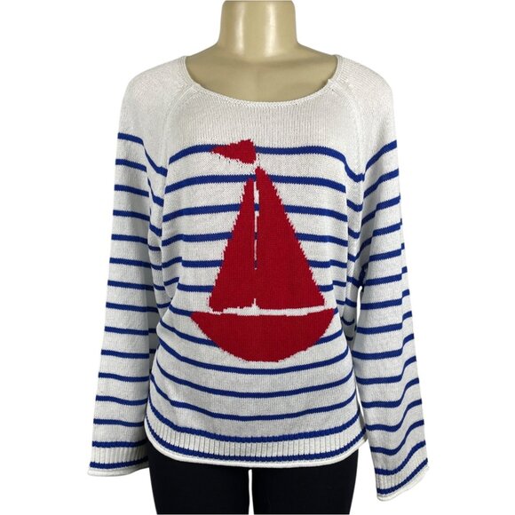 Loft Womens Striped White and Blue Sweater With Red Sailboat Size M - New - Picture 1 of 10